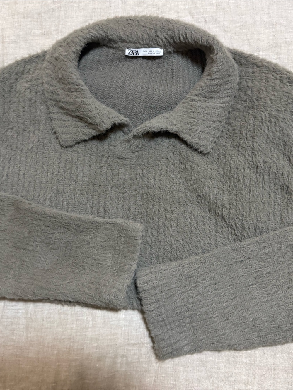 Zara Olive Taupe Polo Collar Fuzzy Knit Sweater